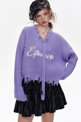 Red Embroidered Raw Edge Wool Blend Sweater