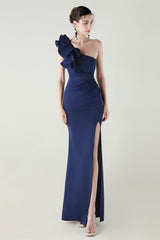 Ruffled Floral One Shoulder Satin Party Dress