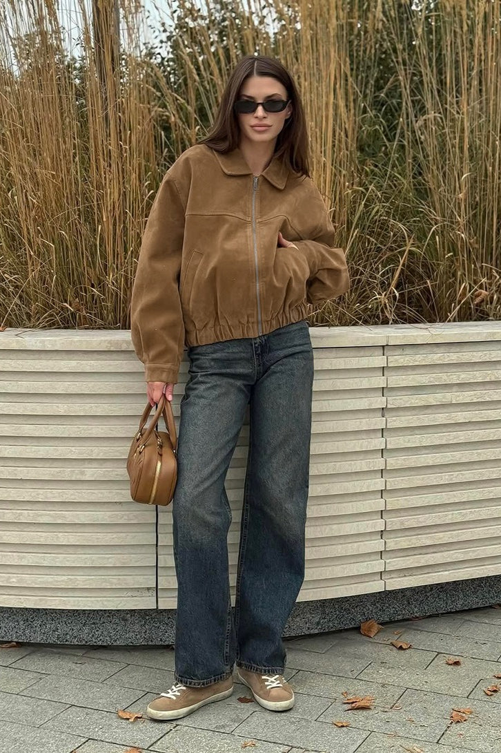 Vintage Suede Zip Front Relaxed Jacket