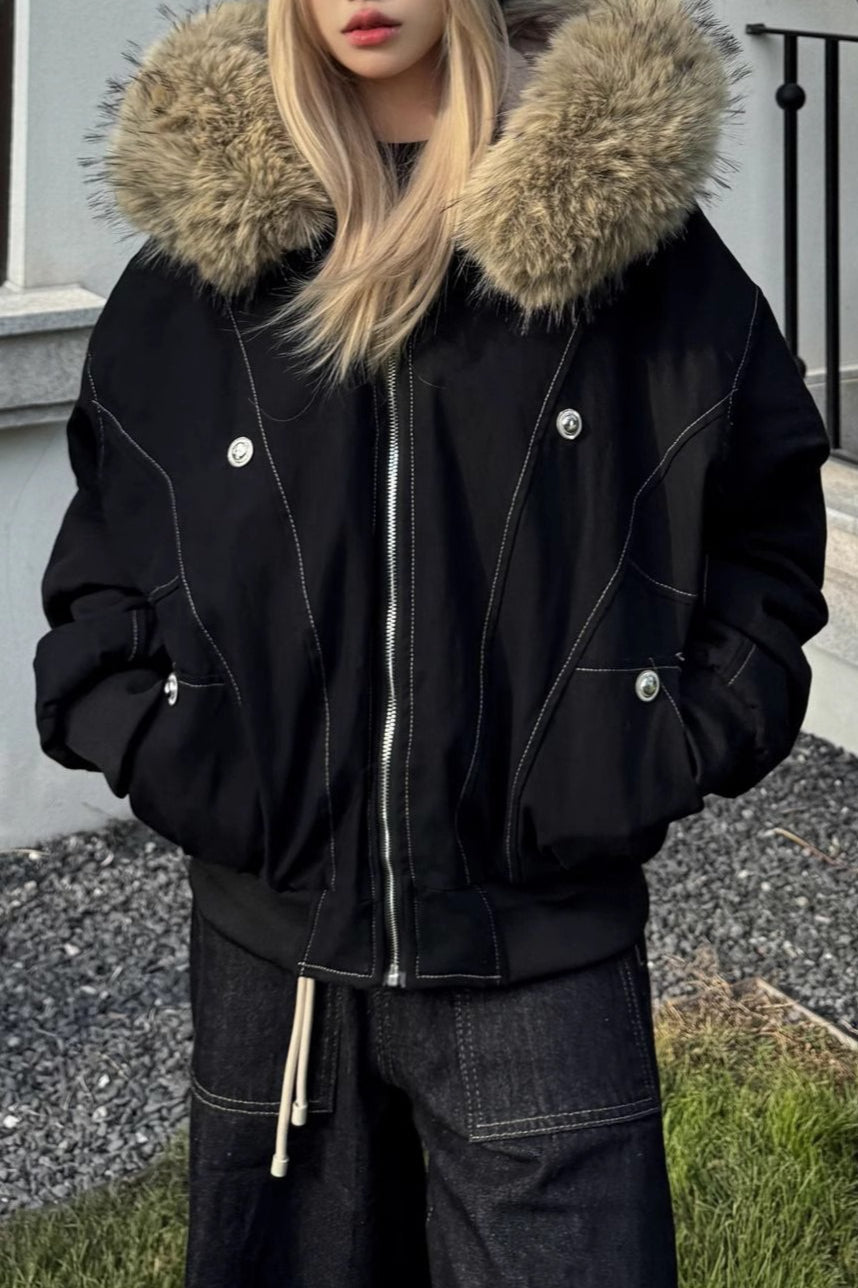 Black Short Puffer Fur Collar Jacket S / Black