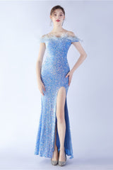 Velvet Sequin Ostrich Feather Off Shoulder Formal Dress