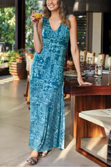 Printed Splicing Boho Vintage Boho Dress Blue / S