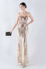 Boned Sequin Embroidered Formal Dress S / Gold