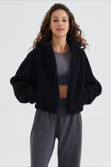 Fuzzy Hooded Zip Short Jacket Navy blue / XS