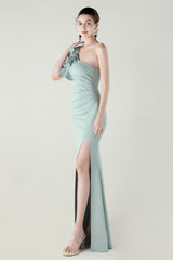 Ruffled Floral One Shoulder Satin Party Dress