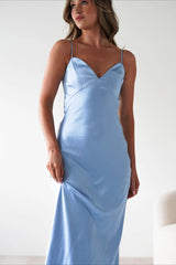 Satin Backless Tie Party Dress S / Blue