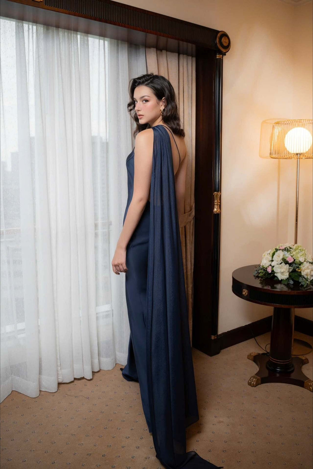 Elegant Satin Slant Neck Sheath Formal Dress