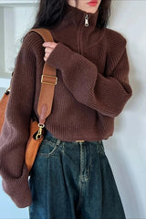 Half Zip Knit Turtleneck Sweater Brown / One Size