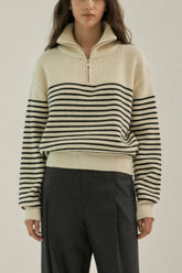 Striped Half Zip Knit Pullover Sweater Beige / One Size