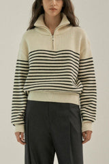 Striped Half Zip Knit Pullover Sweater Beige / One Size