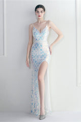 Iridescent Sequin Slit Bodycon Maxi Dress White / S