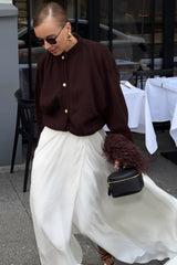 Button Accented Solid Feather Paneled Sweater