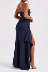 Sexy Strapless Slit Evening Party Dress S / Navy blue