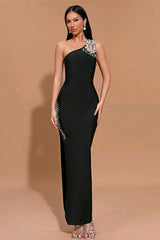 One Shoulder Rhinestone Bandage Party Dress XS / Black