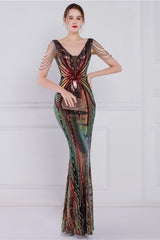 Beaded Floral Sequin Mermaid Party Dress Black and Red / S