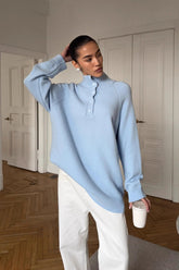 Stand Collar Button Detail Cozy Oversized Sweater