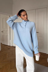 Stand Collar Button Detail Cozy Oversized Sweater