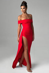 Off Shoulder Slit Party Formal Dress S / Red