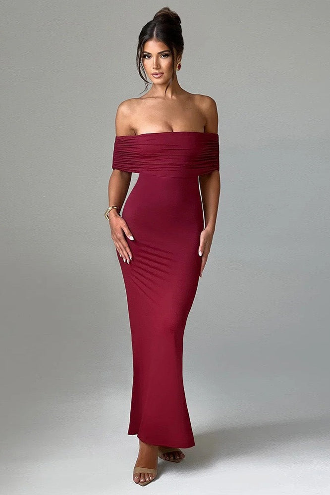 Solid Off Shoulder Ruched Formal Dress