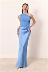 Solid Asymmetric Neckline Sleeveless Formal Dress S / Blue