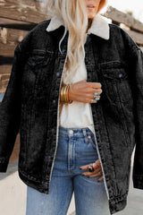 Fleece Lined Denim Bomber Jacket Black / S