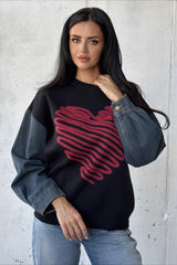 Heart Pattern Crewneck Denim Sweater