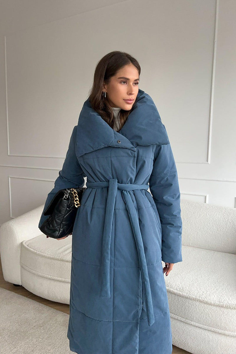 Long Stand Collar Relaxed Quilted Puffer Jacket S / Blue