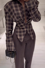 Asymmetric Slim Fit Plaid Blouse