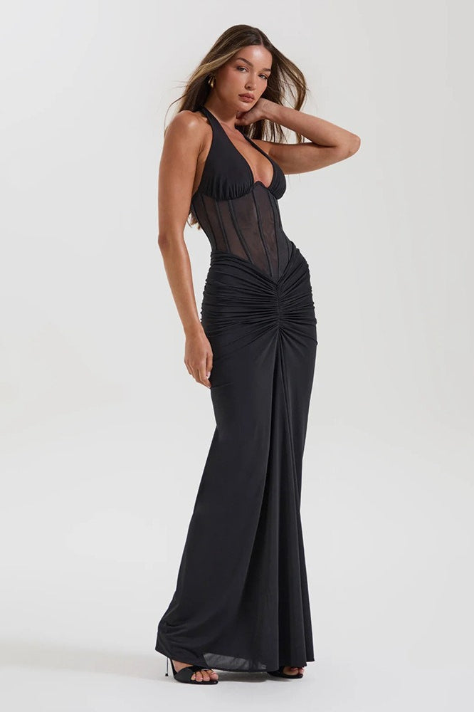 Halter Mesh Panel Maxi Dress