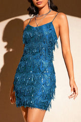 Sequin Fringe Trim Spaghetti Strap Party Dress S / Blue