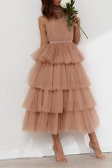 Blue Tiered Ruffle Mesh Party Dress XS / Khaki