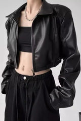 Turn Down Collar Biker Short Jacket Black / S
