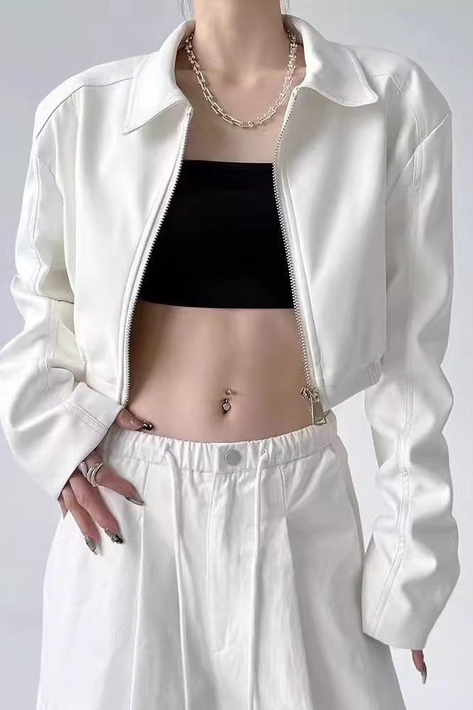 Turn Down Collar Biker Short Jacket White / S