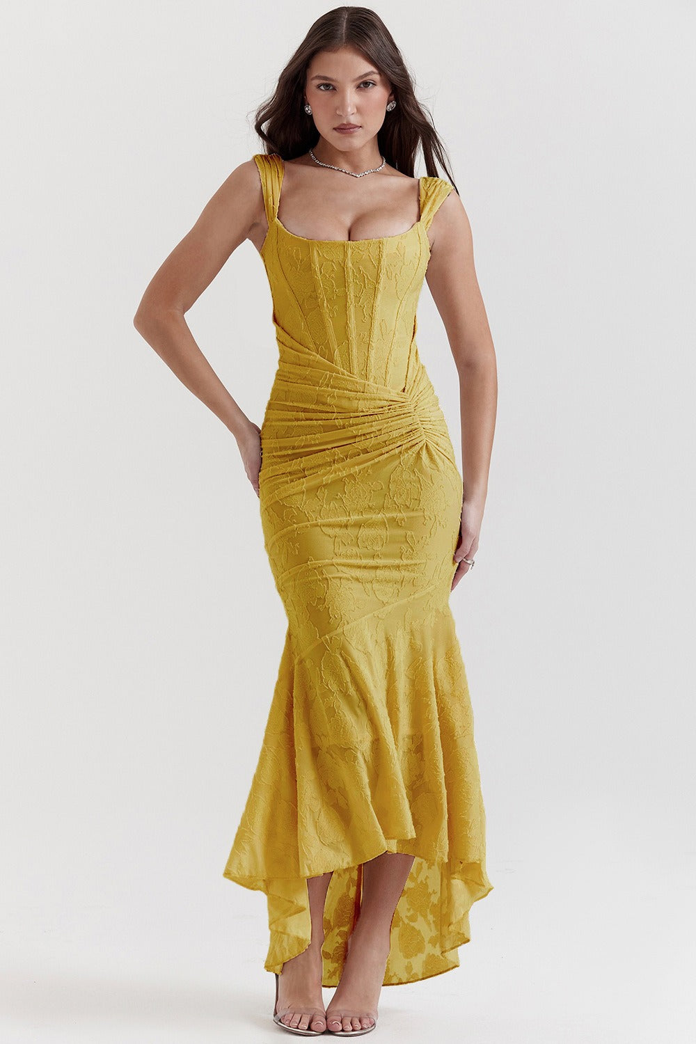 Stretch Mesh Jacquard Mermaid Formal Dress XS / Yellow