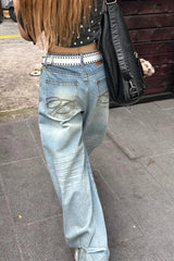 High Waist Embroidered Wide Leg Jeans