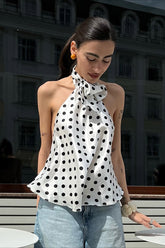 Polka Dot Satin Bow Tie Backless Cami Crop Top