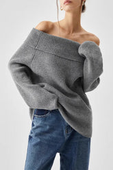 Off Shoulder Knit Pullover Sweater Grey / S