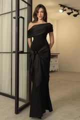 Black One Shoulder Flowy Sleeve Formal Dress