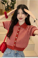 Thin Knit Turn down Collar Short Sleeve Cardigan