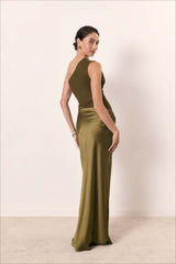 Solid Asymmetric Neckline Sleeveless Formal Dress S / Green