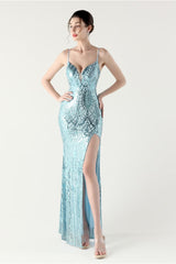 Sequin V Neck Cross Strap Mermaid Maxi Dress