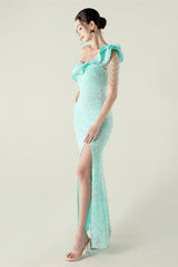 Draped One Shoulder Ruffle Formal Dress