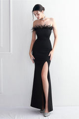 Elegant Feather Trim Strapless Formal Dress