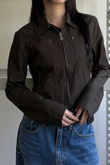 Zip Up Solid Color Utility Jacket Black / S