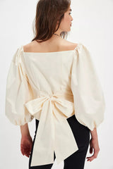 Corset Back Bow Puff Sleeve Blouse