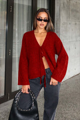 V Neck Tie Front Knit Cardigan Sweater Red / S