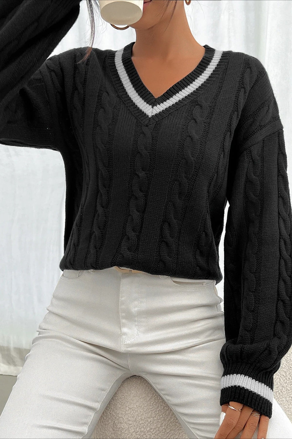 Colorblock Cable Knit V Neck Sweater