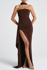 Sexy Strapless Slit Evening Party Dress S / Brown