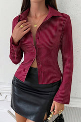 V Neck Striped Long Sleeve Blouse