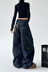 Leopard Spliced Vintage Wide Leg Jeans
